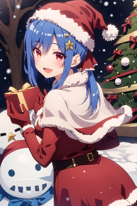 masterpiece, best quality, 4K, 1girl, snowman, solo, christmas tree, hat, christmas, long hair, smile, Blue hair, santa hat, capelet, looking at viewer, open mouth, boots, dress, looking back, snow, bow, sparkle, red dress, red capelet, brown eyes, christmas ornaments, red headwear, :d, snowing, santa costume, holding, blush, wreath, night, standing, frills, snowflakes, gift, sack, ribbon, from behind, star \(symbol\), brown footwear, gloves, fur trim, Upper body, plaid, frilled dress, hair ornament, leaf, tree, outdoors, yellow bow, scarf, bangs, bell, hair between eyes, green bow, sign, ornament, red gloves, from above, pantyhose, Red eyes, very long hair, holly, sky, long sleeves