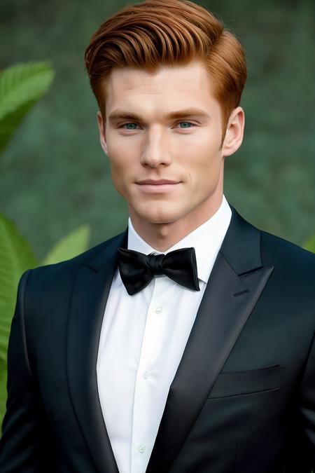 young man wearing formal black suit, [scott eastwood: adelaideKane: 0.6], ginger hair, athletic body, symmetrical green eyes,
mid-twenty, high detailed skin, 
upper body, HD, solid background, realistic, proportionate body, RAW Photo, 
<lora:breastsizeslideroffset:-0.4>