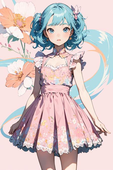 1girl, , (flat color:1.3), clear, vivid
BREAK
, girly style, lace dresses, pastel colors, floral prints, high-waisted skirts, ballet flats, delicate accessories