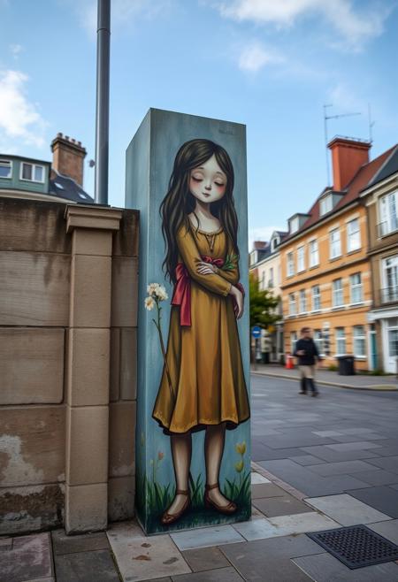 Precise architectural color photograph of a heartwarming, interactive street art piece: a painted figure, Post-Impressionist and British pastoral influences, muted palette, organic forms, modernist touches, dreamlike quality, sharp lines, wide angles, blurred motion.  The figure exhibits poetic eclecticism, quiet emotional depth, blending nature and everyday life.