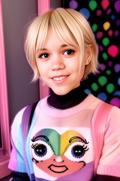 short hair , (blonde hair:1.3), (smiling:1.3), rainbow sweater, pink room, w3day_15