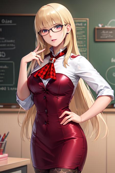 ((extreme detail)),(ultra-detailed), extremely detailed CG unity 8k wallpaper,best quality, masterpiece, <lora:Lili:0.7>emilie_t7, red ascot, office, business suit, glasses, pencil dress, vista,