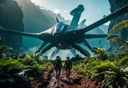 A 32k HQ Wallpaper of a futuristic spaceship crew landing on an alien world, captured in detailed clarity with high-performance camera settings and a wide-angle lens that captures the vast landscape and the unfamiliar flora. In the center of the image, the spaceship's captain strides confidently towards the foreground, flanked by a muscled, heavily armed sergeant and a pair of uniquely adept pilots. In the distance behind them, a massive creature with tentacles emerges from an exotic forest. The image is captured in vibrant, intense colors that create a mood of both awe and danger --s 1000