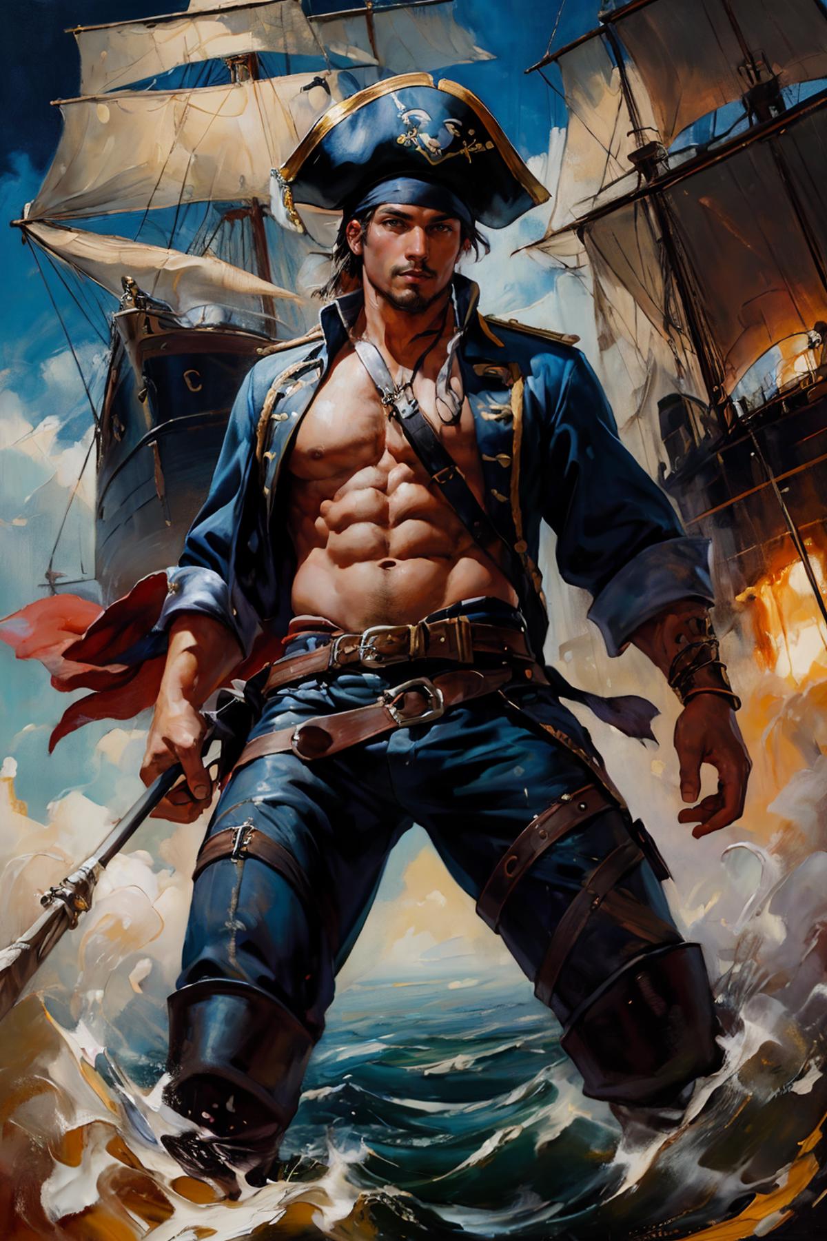 A Shirtless Pirate with a Saber and Gun in His Hand.