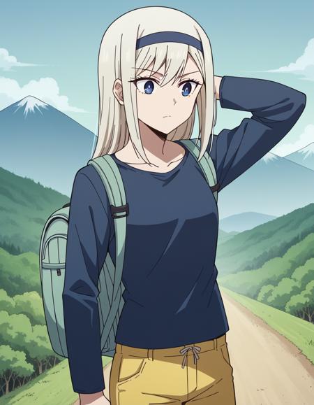 kei shirogane, long hair, blonde hair, blue eyes, white hair, hairband, shirt, long sleeves, blue shirt, pants, yellow pants, collarbone,