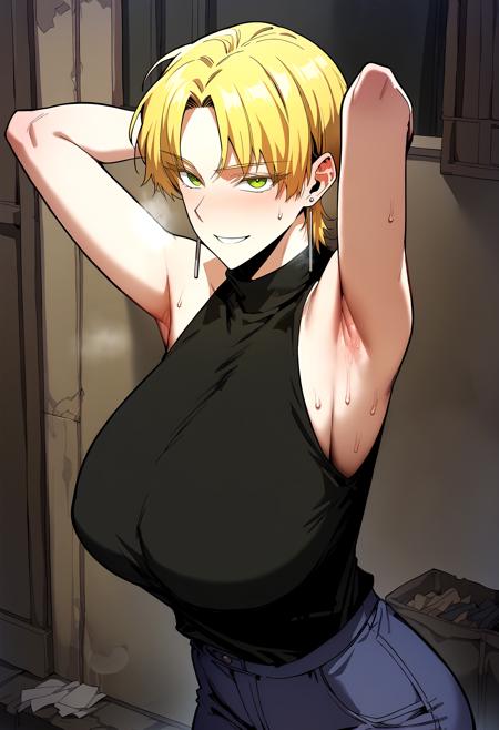 blonde hair, green eyes, short hair, parted bangs earrings, sleeveless shirt, black shirt, turtleneck, blue pants earrings, collared shirt, black shirt, long sleeves, black pants, belt