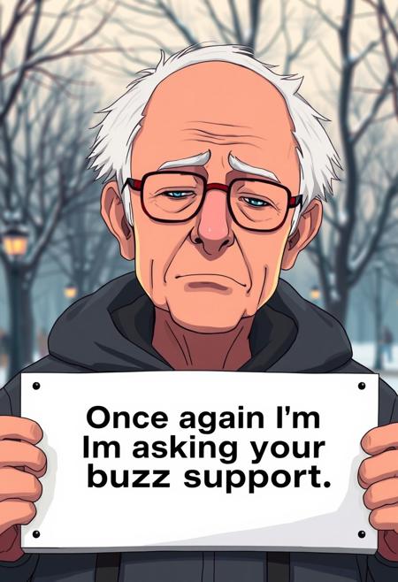 1man, anime bernie sanders with a sign with text "once again i'm asking for your buzz support", solo, bold hair, expressive eyes, detailed old skin,
detailed face, perfect face, closed eyes, short bald hair, talking, grey hair, glasses, grey hood clothes,park on winter,
illustration, perfect composition, dramatic lighting, film grain, highly dramatic background, cinematic film still,
very aesthetic, (intricate details, (incredibly detailed), high detail, ultra-detailed), (hyperdetailed), (soft focus:1.1),
absurdres, (hires textures), (4k), (masterpiece, best quality)