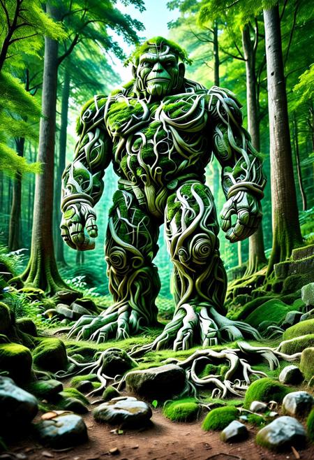 score_9,score_8_up,score_7_up, PG-TR, This is a vibrant, fantasy illustration of a large, golem-like figure that appears to be made of stones and rocks, partly overgrown with lush green foliage. The figure stands in a forested environment, with trees and plants surrounding it, and in the background, ruins or other stone structures are visible. The sky above is clear blue with some white clouds, indicating a sunny day.
The colossus itself is impressively large, with a broad posture and thick, robust limbs. Its body is a mix of gray and brown stones, some smoother than others, with cracks and moss growth emphasizing its age and natural integration. The most striking feature is the dense layer of bright green leaves covering large parts of its torso, shoulders, and upper legs, as if it has become part of the forest itself.
The colossus's face is somewhat human-like, with a stylized, flat nose and indentations suggesting eyes, all formed from stone. The overall atmosphere of the image is one of wonder and mystery, fitting for a fantasy world. <lora:Treeroots_0_90_multi2_Handprocessed_V2:1>