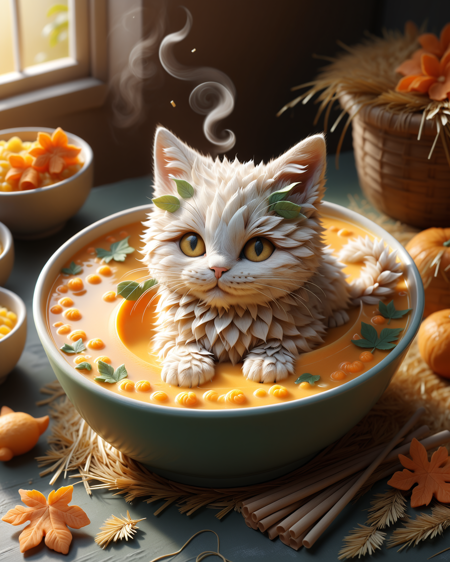 (masterpiece:1.2), (best quality:1.2), highly detailed, realistic texture, sharp details, extremely delicate and beautiful, realistic cg 8k wallpaper
 <lora:add-detail-xl:3> <lora:Straw_thread:1> cute, whimsical, 
    (sleepy kitten in a bowl of straw soup), little paws poking over the edge, curls of steam shaped like leaves, pastel orange, buttery cream, cute, soft morning light