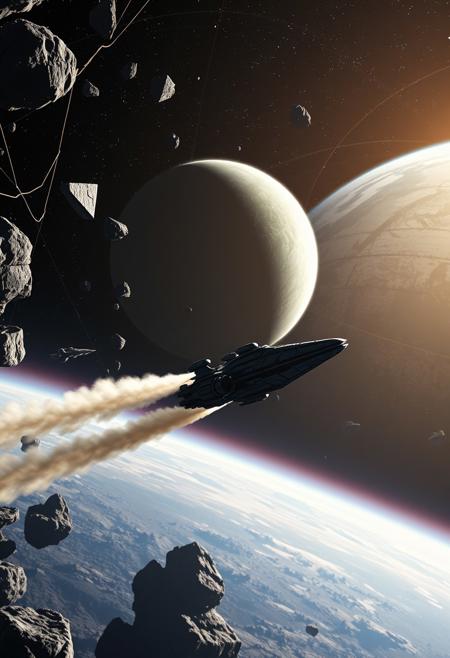 realism, space in which a spaceship flies leaving a plume behind it, a planet against the background of an asteroid field, soft light, contrast, the ship flies to a huge station, source star wars