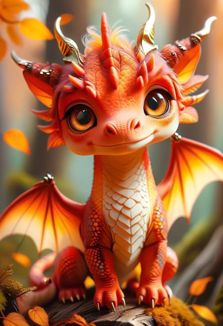 close up, A mystical cute and adorable little dragon with large, expressive eyes and pinkish-red scales, golden horns, fiery orange wings, magical ability to emit light, in fantasy forest , with soft light reflecting around it, creating a magical ambiance. Clint Cearley style, ultra realistic digital art, a photorealistic painting, fantasy art, <lora:MJ52:0.7>, <lora:zhibi:1>