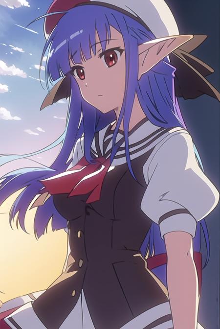 shufflenerine, <lyco:nerine-LYCORIStest:1>,
nerine, long hair, blue hair, pointy ears, (red eyes:1.5),
BREAK skirt, hat, school uniform, short sleeves, socks, puffy sleeves, puffy short sleeves, beret,
BREAK looking at viewer,
BREAK indoors, classroom, 
BREAK <lora:GoodHands-vanilla:1>, (masterpiece:1.2), best quality, high resolution, unity 8k wallpaper, (illustration:0.8), (beautiful detailed eyes:1.6), extremely detailed face, perfect lighting, extremely detailed CG, (perfect hands, perfect anatomy),