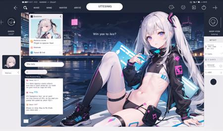 ((masterpiece:1.4, best quality))+, (ultra detailed)+,
(detailed screen UI design:1.4),1girl,cute girl doing live streaming,(detailed layout)+, including elements such as chat box, side bar, (icon),She's in the sidebar of the screen,silver hair,pale-blonde long twintails,
violet eyes, cyberpunk,,(white thighhighs), cute girl,blue clothes,(flat chest:1.3),
(english text:1.25), 
<lora:torinoAquaStyleLora_offset:0.2>