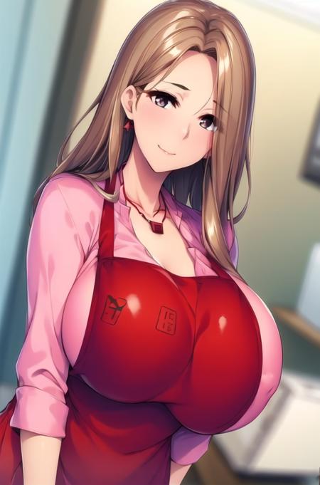 (Night:1.7), Japan, Tokyo, CityView, Before Window, a room with a microwave and cabinets in it,
Standing at attention,
(red_apron:1.5),pink skirt, pink shirt,
<lora:Takayanagi_Utano_mother_in_law-KK77-V1:0.7>,collarbone,earrings, jewelry,necklace,
bangs, brown eyes, brown hair,
1 girl, 24yo,mature female,Beautiful Finger,Beautiful long legs,Beautiful body,Beautiful Nose,Beautiful character design, perfect eyes, perfect face,
looking at viewer, in the center of the image,
NSFW,official art,extremely detailed CG unity 8k wallpaper, perfect lighting,Colorful, Bright_Front_face_Lighting,
(masterpiece:1.0),(best_quality:1.0), ultra high res,4K,ultra-detailed,
photography, 8K, HDR, highres, absurdres:1.2, Kodak portra 400, film grain, blurry background, bokeh:1.2, lens flare, (vibrant_color:1.2)
(Beautiful,large_Breasts:1.4), (beautiful_face:1.5),(narrow_waist),