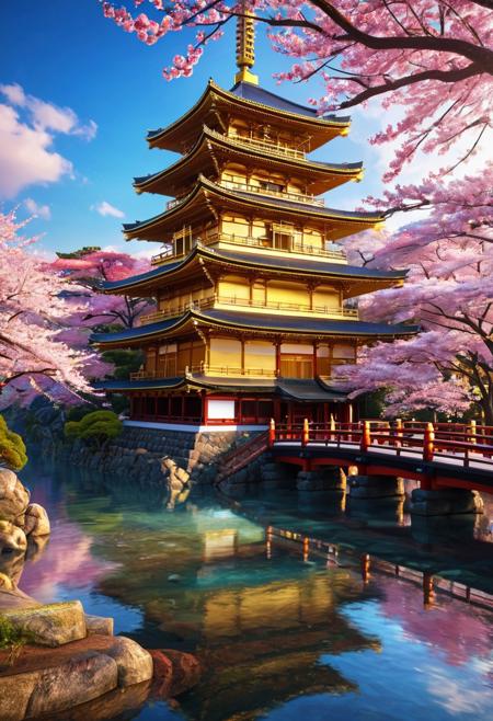 (masterpiece:1.5), unreal 8k wallpaper, unity 8k wallpaper, score 9, score 8 up, score 7 up, masterpiece_portrait, extreme quality, reflection, surface reflection, dynamic lighting, Cinematic style, cinematic quality, ((no humans, no people)), photorealistic, realistic, a spectrum of iridescent colors, precise, fractal design, flowing curves, precision, colorful, fractal geometry, harmonic interference, digital illustration, photo manipulation, altered realities, fantastical scenes, digital artistry, striking visuals, sharp focus, detailed background, light reflection, Japanese architecture of boundless opportunities, (a huge gilded Japanese pagoda), On one side of the gilded Japanese pagoda is a beautiful luminescent stream that whines around the property, you can find enormous cherry blossom trees all over the property with luminescent flowers, a Blue sky Cascades amazing spectrum light across the property, the gilded Japanese pagoda itself is made of such fascinating materials an exotic woods that are highly polished with tinted glass windows, on a beautiful landscape this place is so beautiful, photorealistic, realistic, flowing and bubbling stream, luminescent stream, a light fog over the water, tranquil, day sky, large multicolored glowing stones around the property, clouds, mist, (fairy tale landscape), Godrays,