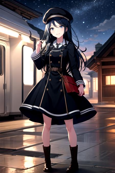 <lora:Ichika3rd-06:0.7>,  ichika3rd, looking at viewer, skirt,  long sleeves, hat, dress, holding, closed mouth, standing, full body, boots, sky, indoors, hand up, uniform, black headwear, night, brown footwear, ground vehicle, star (sky), steam, scenery, peaked cap, starry sky, double-breasted, lamppost, train, train station, railroad tracks