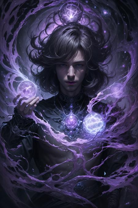 masterpiece, best quality, (absurdres, highres, ultra detailed), (1 handsome man:1.4),(using dark magic:1.4),purple magic,playful illustrations, fractal art,imaginative overlays, artistic fusion,fantastical scenes, evocative narratives, striking visuals, upper body,<lora:more_details:0.4>, <lyco:GPTS4 dreamwave full_478773:0.3>, <lora:kVoidEnergy:0.6>, <lora:LowRa:0.1>,<lyco:GoodHands-beta2:1>,