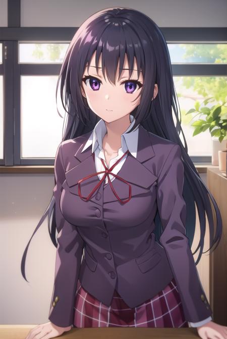 chizuruakaba, <lora:chizuru akaba s2-lora-nochekaiser:1>,
chizuru akaba, long hair, black hair, (purple eyes:1.1),
BREAK skirt, school uniform, plaid, plaid skirt, shirt, white shirt, collared shirt, jacket, long sleeves, black jacket,
BREAK indoors, classroom,
BREAK looking at viewer, (cowboy shot:1.5),
BREAK <lyco:GoodHands-beta2:1>, (masterpiece:1.2), best quality, high resolution, unity 8k wallpaper, (illustration:0.8), (beautiful detailed eyes:1.6), extremely detailed face, perfect lighting, extremely detailed CG, (perfect hands, perfect anatomy),