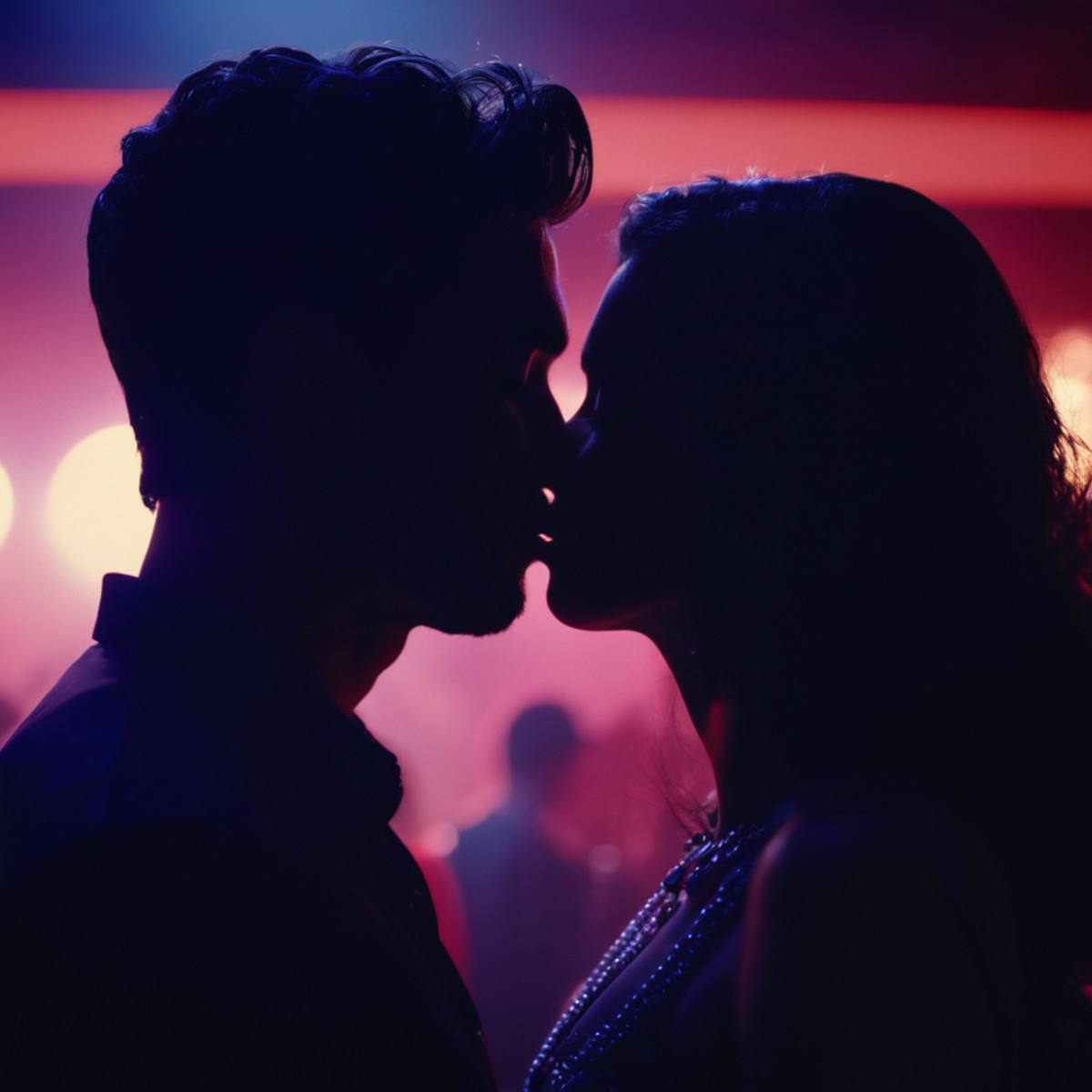 cinematic film still of  <lora:silhouette style v2:1>
A silhouette photo of a man and woman kissing in a nightclub,1girl,l...