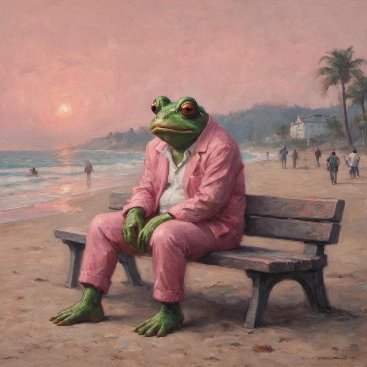 A painting of a frog in a pink suit sitting on a bench at the beach.