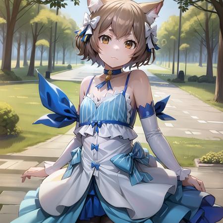 Felix Argyle, short hair, 1boy, dress, detached sleeves, :3, happy, cat ears, otoko no ko, brown hair, bow, choker, cat tail, ribbon, bangs, brown eyes, thighhighs