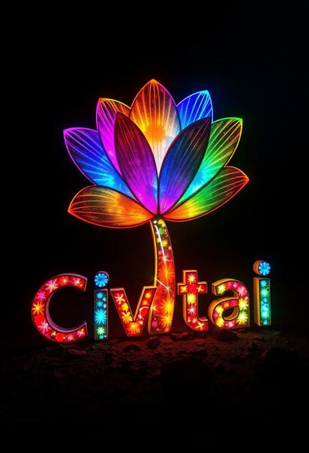 "Create a photorealistic image of the shape of a flower with multicolored petals, outlined with a vibrant, multicolored line, that swirl with a kaleidoscope of colors. The flower is incorporated into a single stone word 'Civitai', which glows with each letter representing a different flower of a different color. The surrounding environment is pitch black, with only the colorful flower word visible. The colors seem to be building up to a catastrophic release, as if the very presence of the word 'Civitai' is triggering a chain reaction of light and energy. The atmosphere is one of intense, impending destruction." Octane render, Highest-Quality, 8 k, intricate details, visually stunning, Masterpiece