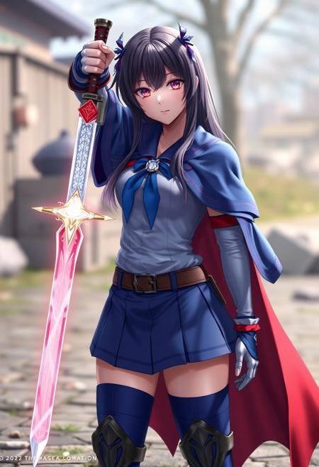 A highly realistic, best quality, (masterpiece:1.2), detailed, umamusme of Daiwa Scarlet, Umamusme school uniform, blue capelet, blue thighhighs, neck ribbon, looking at the viewer, outdoors, censored armor, power sword, arm up, DRAW WEAPON FROM CHEST, holding weapon, holding sword, sword made crystal, Weapon between breasts, natural hands, holding glowing zweihander large Zweihander