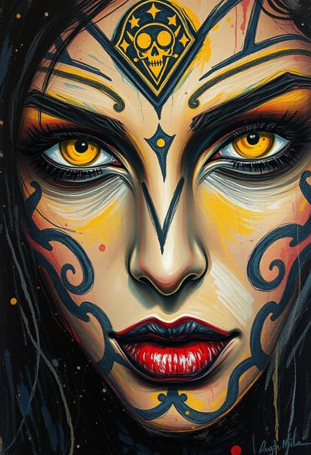 Impressionist crayon painting by Russ Mills, a close up portrait of woman's face, tattooed face, occult signs, yellow lively eyes, egyptcore, splash art, energetic brush strokes, gloomycore, extremely best quality, awarded masterpiece, octane render, Highest-Quality, 8 k, intricate details, visually stunning, Masterpiece