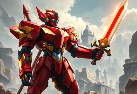 A masterful fantasy illustration of a Gem-Knight Quartz robot, a striking figure in red and gold with bold black and silver accents, standing in a proud, heroic stance. Its vibrant red head with a gold visor gleams, slightly tilted, hinting at curiosity. The robust body, a blend of red and gold with black and silver details, is depicted with an exceptional quality of handcrafted precision, showcasing super detailed armor plates and intricate mechanical aesthetic. The arms and legs, matching in design, are ready for action, with a red, gold, black, and silver sword firmly gripped in its right hand, emphasizing a sense of readiness and alertness in a well-timed moment. The background is a dramatic and ancient Fortress Whale's Oath, rendered as a sprawling, beautiful matte painting with sharp lines and expressive brush strokes, conveying a powerful message. The composition adheres to the Golden Ratio, utilizing a creative angle and attractive background to enhance the robot's majestic presence. Stunning multi-colored palette and harmonious colors create a captivating lighting. Style reminiscent of CGSociety concept art, with elements of Splash Ink Illustration for dynamic effects around the robot, showcasing vivid emotions and a joyful impact. Trending on ArtstationHQ.