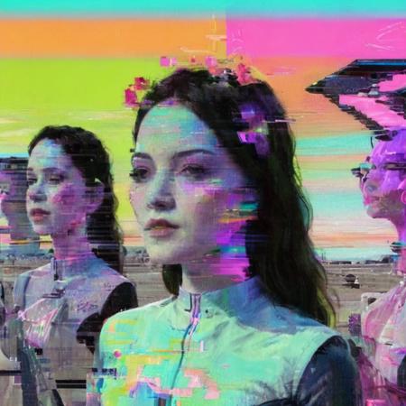 concept art Glitchcore Art Style, <lora:glitched-v1.0.2-extracted:1> (((image of malfunctioning, glitch))), woman with ((glitchy face)), being fragmented into clones, buggy, bad signal, error, dynamic, dramatic, distorted, vibrant colors, glitchcore art style . digital artwork, illustrative, painterly, matte painting, highly detailed