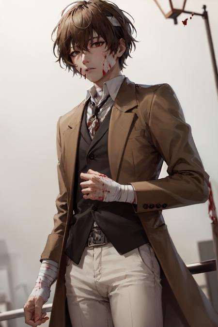 (masterpiece, best quality:1.2), <lora:bsd_osamu-10:0.7>, cowboy shot, solo, male focus, 1boy, dazai osamu, expressionless, brown jacket, white pants, bandages, (blood:1.1)