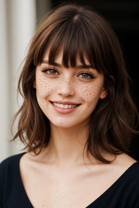 beautiful lady, (freckles), big smile, brown hazel eyes, Full Bangs, dark makeup, hyperdetailed photography, soft light, head and shoulders portrait, cover