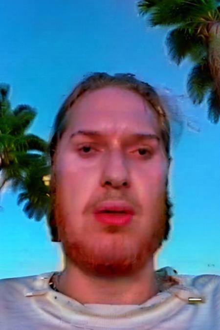 (upper body and face of <ffurian> male character 1.5), (pose: pointing finger into the sky 1.7), (ffurian man with beard 1.1), (ffurian wearing white t-shirt 1.0), (brazilian beach, palm trees background 0.6), (ffurian man with beard 1.1), (sunny weather 0.4) BREAK Weirdcore (y2k aesthetic 0.8), ms paint style, the matrix movie, 3d render, half0ster, VHS, VHS footage of, balenciaga, photo \(medium\)