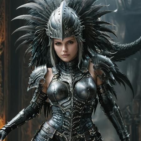 full body shot of a woman from final fantasy live action, with the face of h. r. giger. a beautiful digital painting. artstation. digital art. concept art. illustration. realistic. vibrant. by justin gerard <lora:alienzkin-sdxl:1.1> alienzkin <lora:EbonyGold-000014:1.4> ebonygold  armor, colorfeathers <lora:xl_more_art-full_v1:0.95>