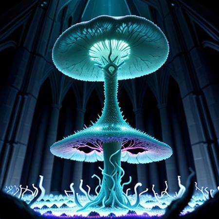 Create a 3 minutes video for YouTube about Kleptoparasi King of all Calamities  An eerie mushroom cathedral, its bioluminescent interior casting a soft, ethereal glow. The walls and ceiling are lined with cracked, glowing blue veins that mimic the intricate patterns of shattered glass, hinting at the presence of archaea and bacteria. In the center of this mystical space, a Kleptoparasi is a mixes of archaea/bacteria/mushroom/parasite/fungi a living virse humanoid entity, stands tall with its translucent bioluminescence glass like skin revealing a complex network of neon glowing veins in the same electric blue hue. Its eyes are two piercing dots of light that seem to pulse in sync with the surrounding fungal structure. The creature wears tattered robes made from what appear to be discarded membrane scraps, giving it an otherworldly, yet strangely organic appearance. As it steps into the heart of the cathedral, its veins flare up in a symphony of colorful flames—purple, teal, yellow, green, red, orange, and pink—manifesting its Kleptoparasitism Striker form. Its hands are now engulfed in a fiery dance of multiple hues, each flame representing a different type of energy stolen from various hosts. The parasite's posture is one of determination, its eyes focused on the horizon of the mushroom forest beyond, symbolizing its relentless pursuit of new life to infect and adapt to. The scene is a mesmerizing blend of beauty and horror, showcasing the delicate balance of life