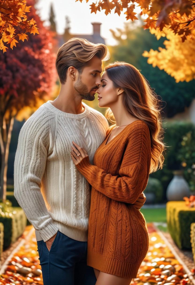 photo of        -10000 beautiful couple in love , hair,seductive   ,garden, Autumn,   long sweater   ,    , masterpiece) (best quality) (detailed) (8k) (HDR) (wallpaper) (cinematic lighting) (sharp focus) (intricate)