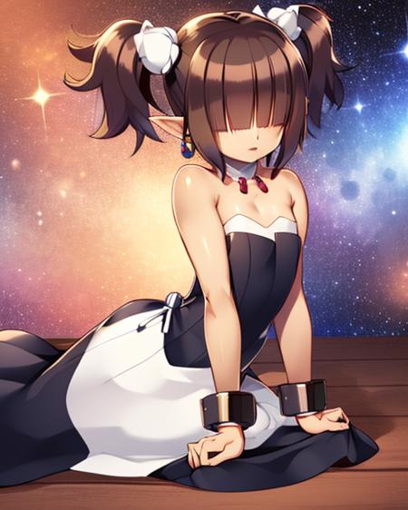 Clergy,flat chest ,pointy ears, short twintails ,hair over eyes ,Black hair, jewelry. eyes closed, laying down, solo, full body,
ClDres,bare shoulders ,cuffs , (black strapless dress ), shackles,  (brown skin1:2)
outer space, open church, milky way,
(insanely detailed, beautiful detailed face, masterpiece, best quality)     <lora:Clergy:0.8>