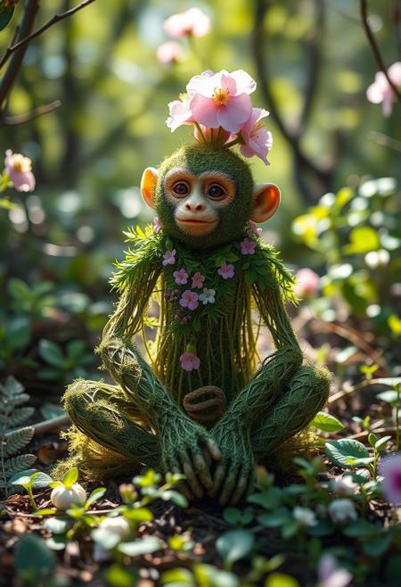 "In a sun-dappled clearing, a tiny, vine-woven monkey sat cross-legged, its body a delicate, lace-like arrangement of leaves and tendrils. A filigree of silver ferns etched its arms, while a cloak of emerald moss draped its shoulders, studded with tiny, glittering dewdrops. Its face, a tender bloom of morning glories, smiled serenely. A garland of wildflowers encircled its neck, while a crown of cherry blossoms burst from its forehead, casting a soft, pink glow across the dappled underbrush." highest-Quality, intricate details, visually stunning, Masterpiece