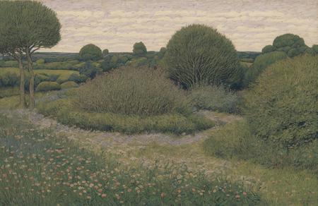 style of Henry Moret, boscage ,hedgerow,field ,thicket ,plot ,arboretum , Mesa,