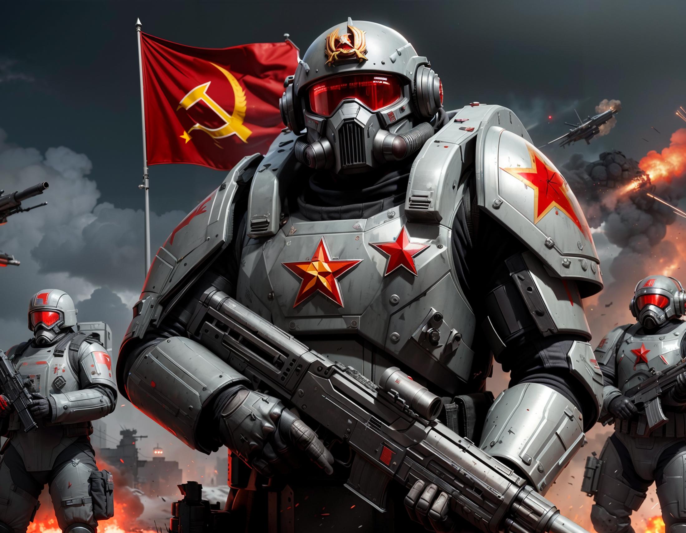 Robotic Soldier in Armor with Red Communist Flag in Background