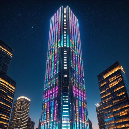 LED, a skyscraper with colorful LED lights, detailed background, detailed texture, Night sky.