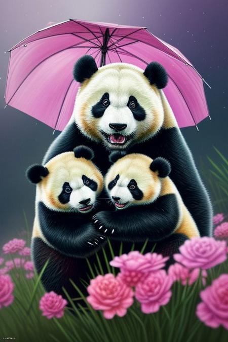 A mother panda holds her cute baby with care and affection, panda mother hold a umbrella ultra hd, realistic, vivid colors, highly detailed, UHD drawing, pen and ink, perfect composition, beautiful detailed intricate insanely detailed octane render trending on artstation, 8k artistic photography, photorealistic concept art, soft natural volumetric cinematic perfect light