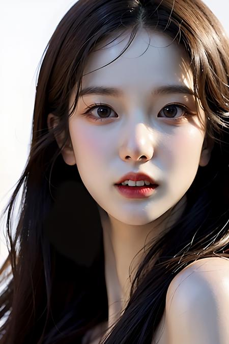 Best quality, masterpiece, ultra high res, (photorealistic:1.4),1girl, solo, portrait, realistic, long hair, looking at viewer, black hair, lips, parted lips, simple background, white background, brown eyes, black eyes, brown hair, teeth