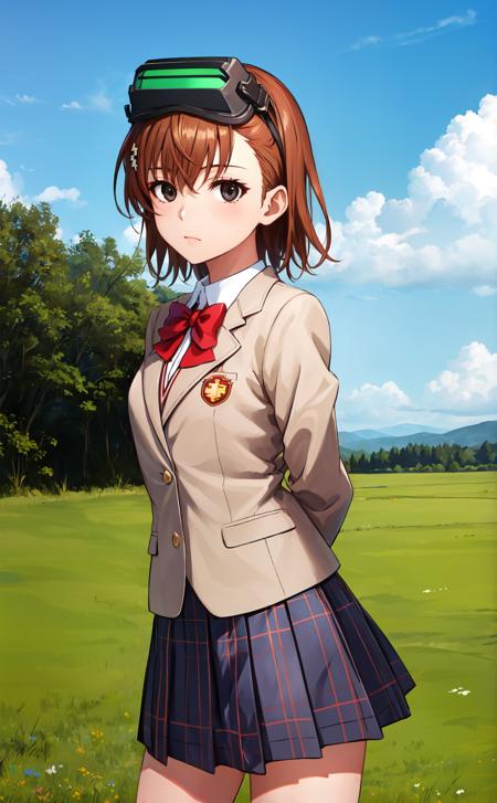 MisakaImoutoDef cover, short hair, brown hair, black eyes, empty eyes, goggles, goggles on head, head-mounted display 1)  school uniform, sweater vest, shirt, skirt, white shirt, pleated skirt, v-neck, short sleeves, tokiwadai school uniform, misaka imouto 2)  skirt, shirt, bow, school uniform, jacket, white shirt, pleated skirt, socks, bowtie, red bow, blue skirt, plaid, kneehighs, plaid skirt, blazer, black socks, box, red bowtie, brown jacket, tokiwadai school uniform, misaka imouto