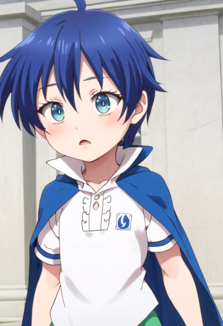 <lora:san_lloyd-de-saloum:0.60>,1boy, lloyd, green shorts,blue hair, masterpiece, ultra detail, blue eyes, (dark blue cape), petite, (masterpiece:1.2), best quality, high resolution, unity 8k wallpaper, (illustration:0.8), (beautiful detailed eyes:1.6), extremely detailed face, perfect lighting, extremely detailed CG, (perfect anatomy), anime style, standing , white shirt