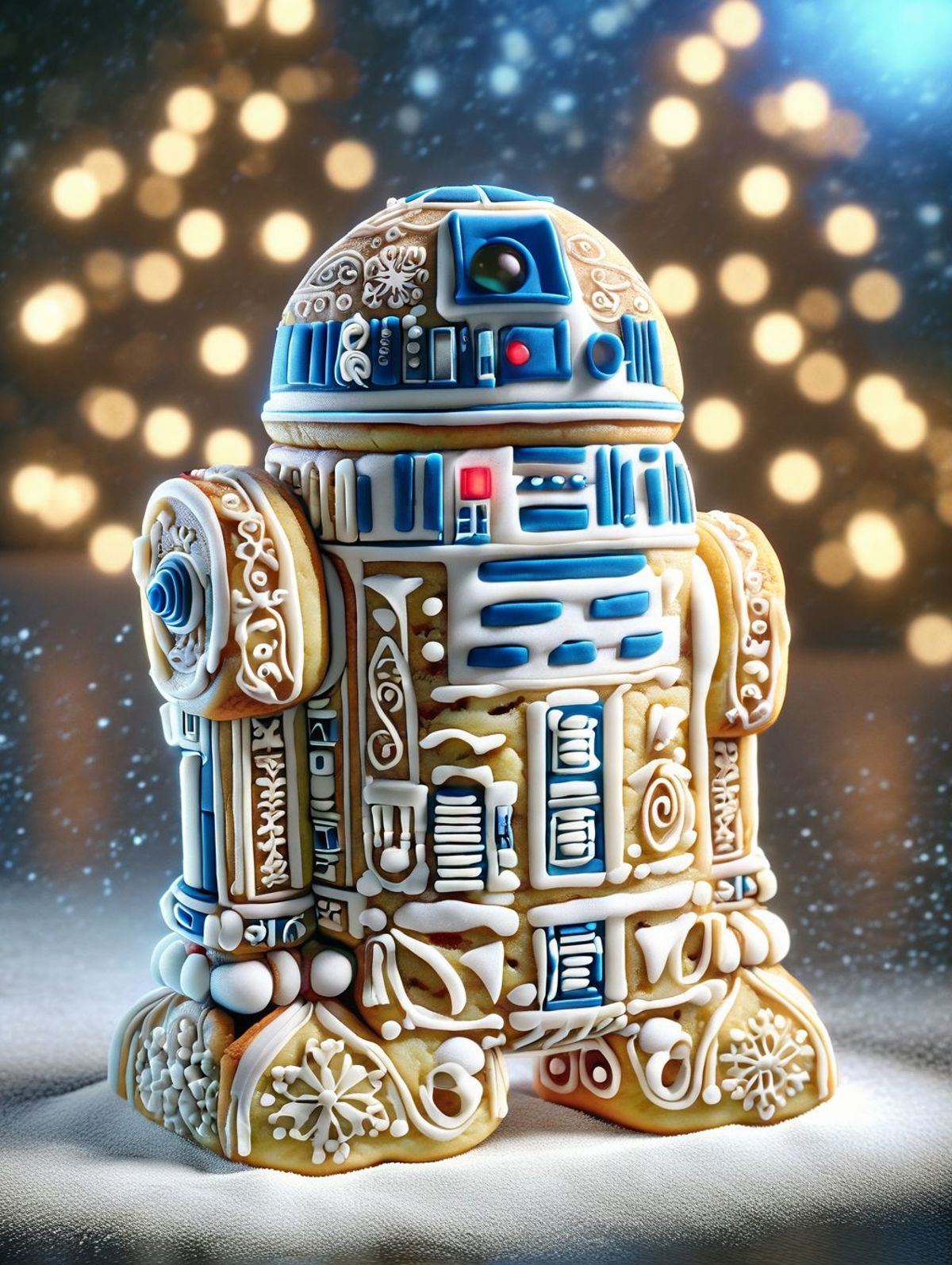 A R2D2 cake with blue and white frosting.