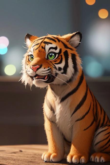 cute little tiger. 8k, realistic, vray, HDR, 6000K, perfect light, bokeh, dept of field, photorealistic, masterpiece, high resolution, best quality, (pixar style), (pixar character:1.2), Kylin, smiling, happiness,