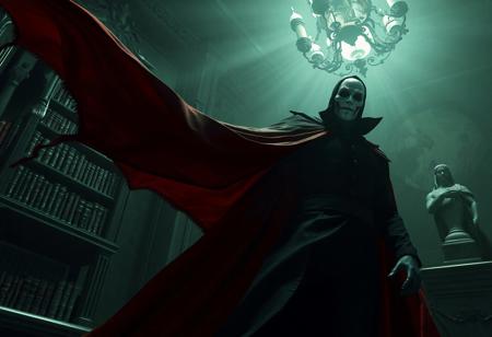 horror Vampire Ghost, "Castlevania: Lords of Shadow 2," dimly lit aristocratic room. Black outfit, flowing red cape. Masked face. Bookshelf, statue. Green and black color palette. Low angle, imposing presence. Baroque painting, dynamic action pose, octane render, Unreal Engine 5, trending on Artstation, CGSociety, 8k HDR, golden ratio, splash ink illustration, lifelike details, super detailed face and clothes, exceptional quality, more detail.