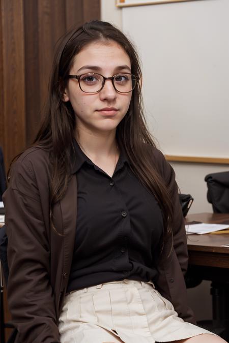 close portrait of  j1llian_n0texist wearing a suit jacket and a skirt, Businesswear, glasses, business meeting