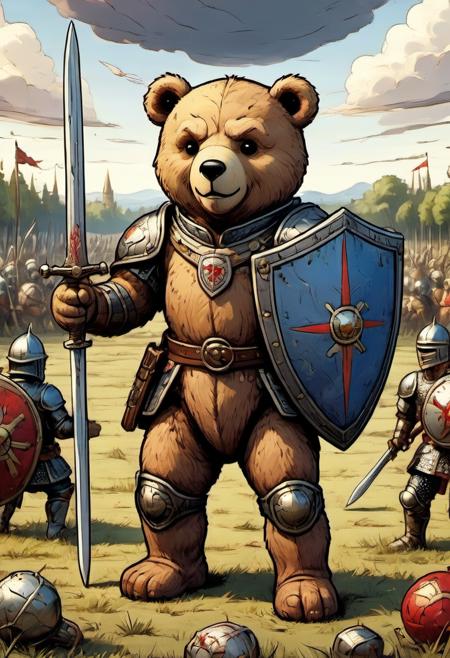 closeup of a battle teddy bear engaged with countless opponents fierce toy cinematic teddy bear with shield and sword on a wide flat field of a medieval battle under a dramatic sky many plushy battle combatants in the background with medieval weapons in combat and lying prostrate